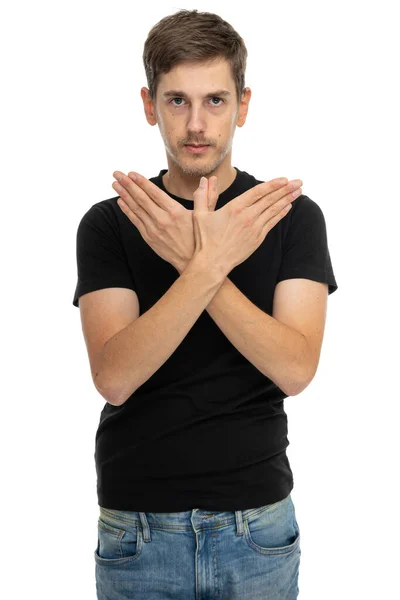 Joven Guapo Alto Delgado Hombre Blanco Con Pelo Castaño Haciendo — Foto de Stock