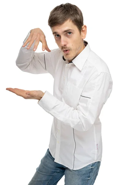 Young Handsome Tall Slim White Man Brown Hair Doing Gestures — Stock Photo, Image
