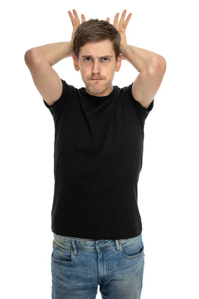 Young Handsome Tall Slim White Man Brown Hair His Hands — Stock Photo, Image