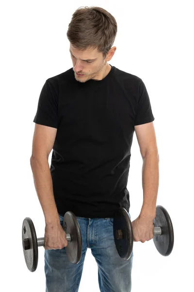 Young Handsome Tall Slim White Man Brown Hair Holds Dumbbells — Stock Photo, Image