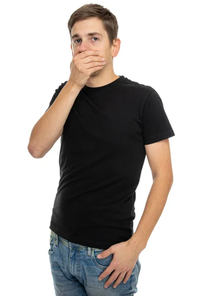 Genç Uzun Boylu Zayıf Kahverengi Saçlı Siyah Gömlekli Beyaz Arka — Stok fotoğraf