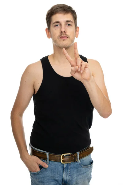 Young Handsome Tall Slim White Man Brown Hair Showing Peace — Stock Photo, Image