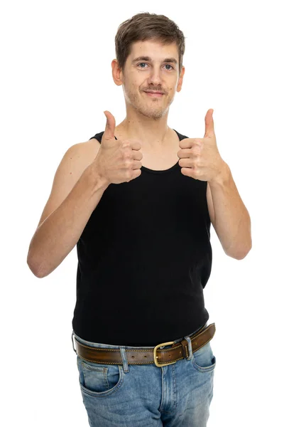 Young Handsome Tall Slim White Man Brown Hair Thumbs Black — Stock Photo, Image