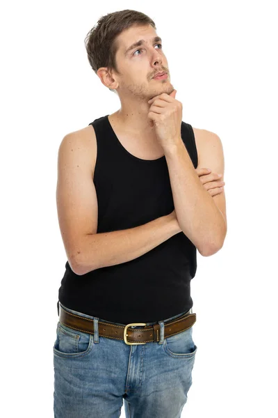 Jovem Bonito Alto Magro Homem Branco Com Cabelo Castanho Perguntando — Fotografia de Stock