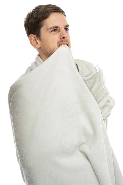 Young Handsome Tall Slim White Man Brown Hair Bites Blanket — Stock Photo, Image