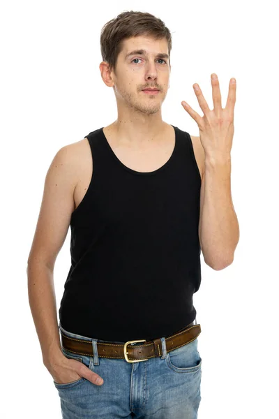 年轻英俊 瘦长的白人男子 棕色头发 四个手指穿黑色内裤 背景为白色 — 图库照片