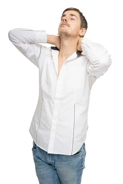 Young Handsome Tall Slim White Man Brown Hair Holding His — Stock Photo, Image