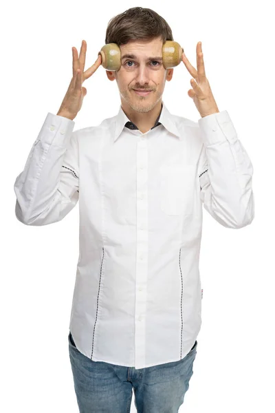 Genç Yakışıklı Uzun Zayıf Kahverengi Saçlı Beyaz Adam Beyaz Arka — Stok fotoğraf