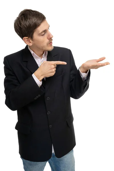 Young Handsome Tall Slim White Man Brown Hair Pointing His — Stock Photo, Image