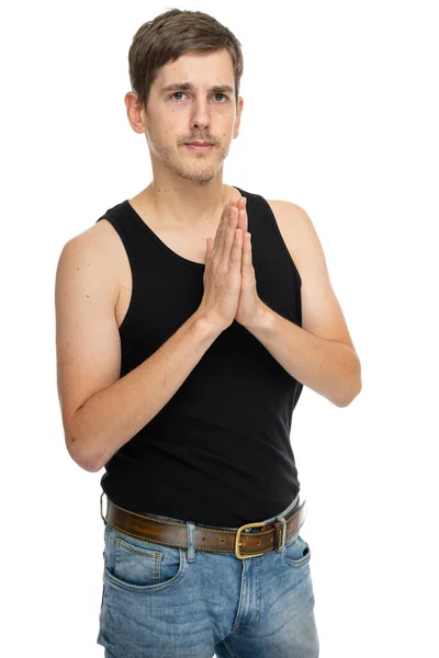 Young Handsome Tall Slim White Man Brown Hair Praying Hands — Stock Photo, Image