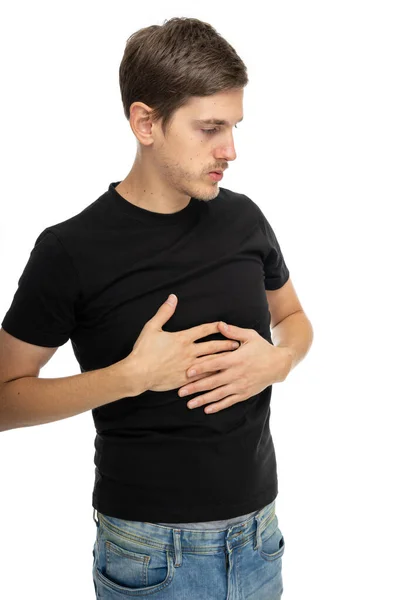 Young Handsome Tall Slim White Man Brown Hair Holding His — Stock Photo, Image