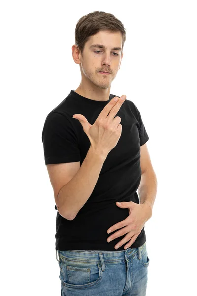 Mladý Pohledný Vysoký Štíhlý Bílý Muž Hnědými Vlasy Dělá Prsty — Stock fotografie