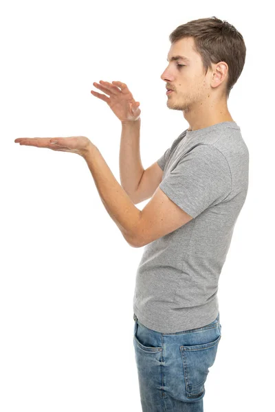 Homem Branco Magro Alto Bonito Novo Com Cabelo Marrom Fingindo — Fotografia de Stock