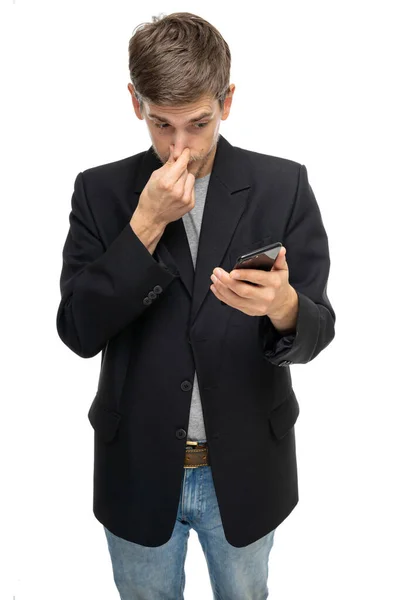 Young Handsome Tall Slim White Man Brown Hair Mobile Phone — Stock Photo, Image