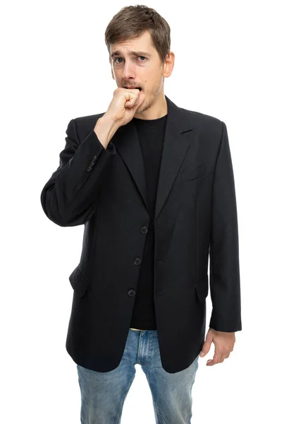 Young Handsome Tall Slim White Man Brown Hair Biting His — Stock Photo, Image