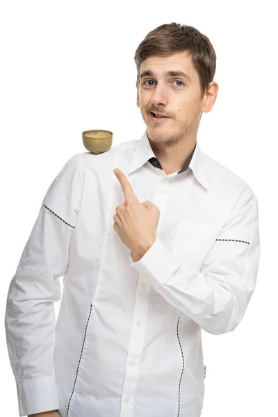 Young Handsome Tall Slim White Man Brown Hair Pointing Tea — Stock Photo, Image