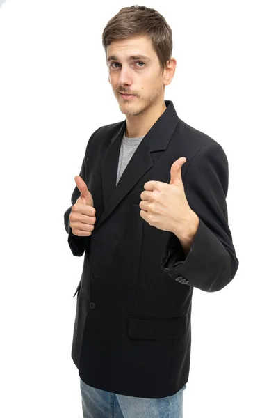 Homem Branco Magro Alto Bonito Novo Com Cabelo Marrom Mostrando — Fotografia de Stock