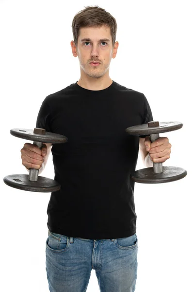 Young Handsome Tall Slim White Man Brown Hair Dumbbells Black — Stock Photo, Image