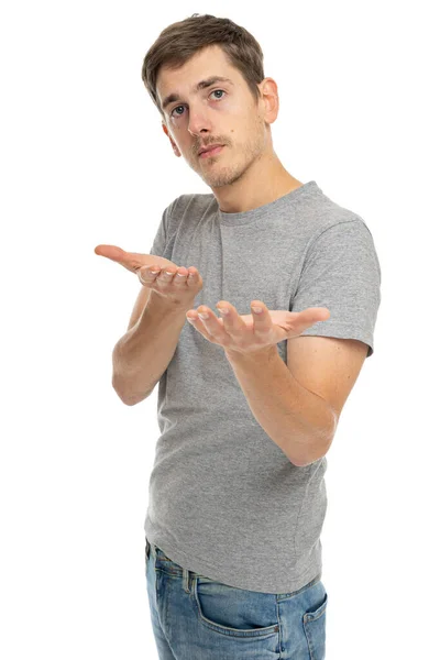 Young Handsome Tall Slim White Man Brown Hair Invites You — Stock Photo, Image