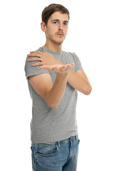 Jovem Bonito Alto Magro Homem Branco Com Cabelo Castanho Dando — Fotografia de Stock