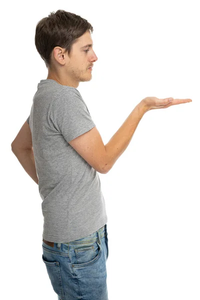 Homem Branco Magro Alto Bonito Novo Com Cabelo Marrom Fingindo — Fotografia de Stock