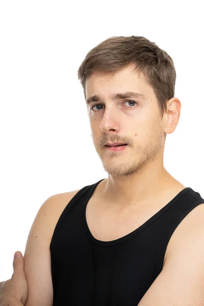 Young Handsome Tall Slim White Man Brown Hair Judging Black — Stock Photo, Image