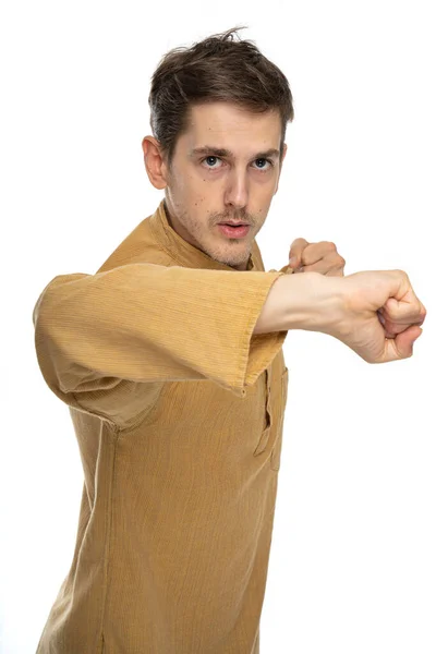 Young Handsome Tall Slim White Man Brown Hair Fighting Pose — Stock Photo, Image