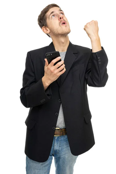 Young Handsome Tall Slim White Man Brown Hair Mobile Phone — Stock Photo, Image