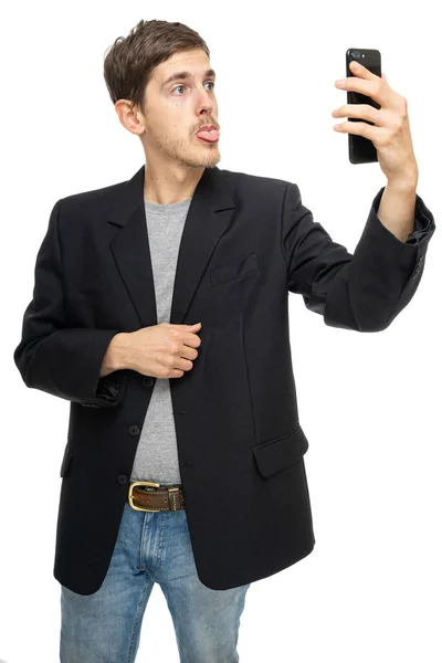 Young Handsome Tall Slim White Man Brown Hair Taking Selfie — Stock Photo, Image