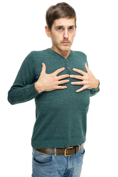 Homem Branco Magro Alto Bonito Novo Com Cabelo Marrom Segura — Fotografia de Stock