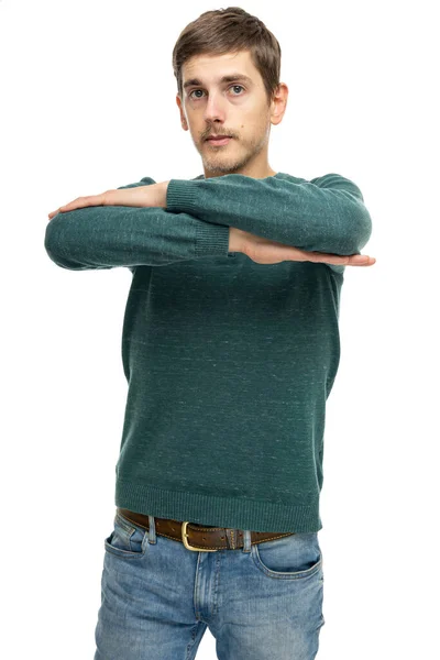 Young Handsome Tall Slim White Man Brown Hair Folded Arms — Stock Photo, Image