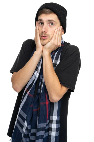 Young Handsome Tall Slim White Man Brown Hair Holding His — Stock Photo, Image