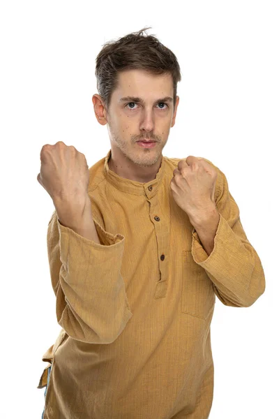 Young Handsome Tall Slim White Man Brown Hair Clenched Fists — Stock Photo, Image