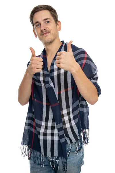 Young Handsome Tall Slim White Man Brown Hair Thumbs Scarf — Stock Photo, Image