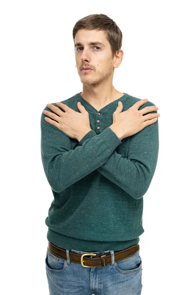 Young Handsome Tall Slim White Man Brown Hair Touching His — Stock Photo, Image