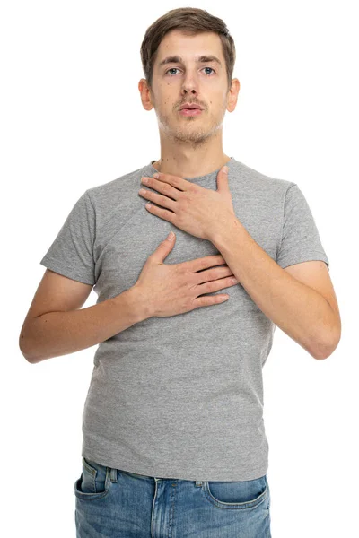 Young Handsome Tall Slim White Man Brown Hair Holding His — Stock Photo, Image