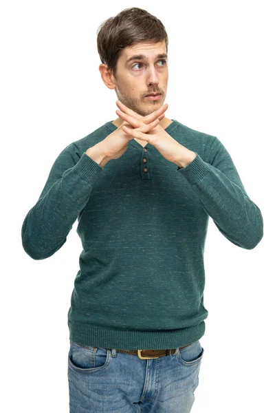 잘생긴 머리에 스웨터를 배경에 고립된 청바지를 — 스톡 사진