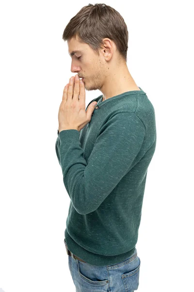 Pemuda Tampan Tinggi Kurus Pria Putih Dengan Rambut Coklat Berdoa — Stok Foto