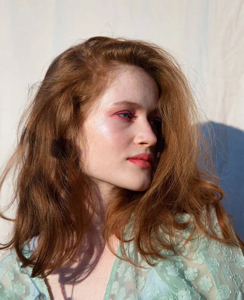 Jovem Menina Branca Europeia Com Retrato Cabelo Escuro Com Sombra — Fotografia de Stock