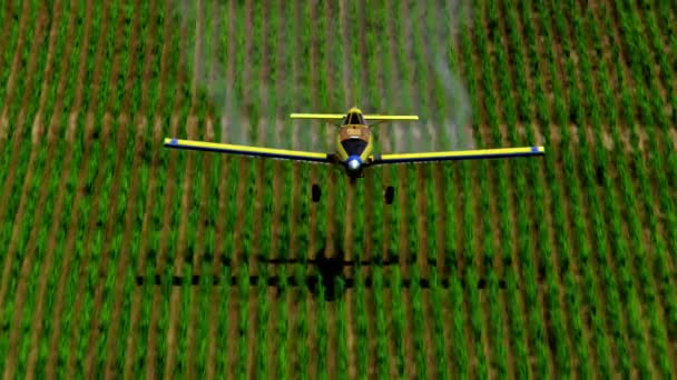 野菜作物の上に低飛行し 化学物質を噴霧作物ダスターの空中ビュー — ストック動画