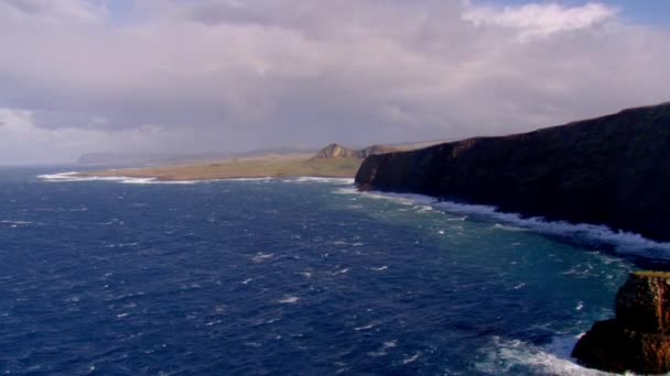 有悬崖和蓝色海的Ahu Tongariki的空中景观 太平洋上的伊斯特岛 在浩瀚的草地上飞驰而过 走向岸边一排神秘的莫伊雕塑 — 图库视频影像