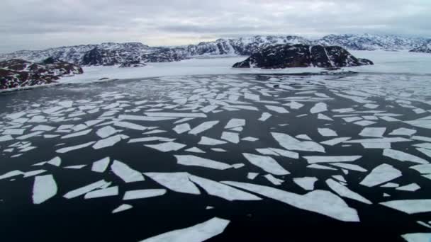 海に浮かぶ砕けた氷の上を空中で飛ぶ 密度の高い部分を分散 割れ氷と固体氷の対比 — ストック動画