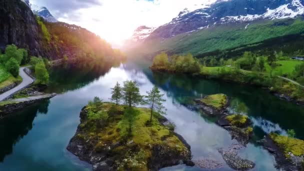 Mountain River Austrian Alps Vibrant Evening Sky Water Rushing Colorful — Vídeos de Stock