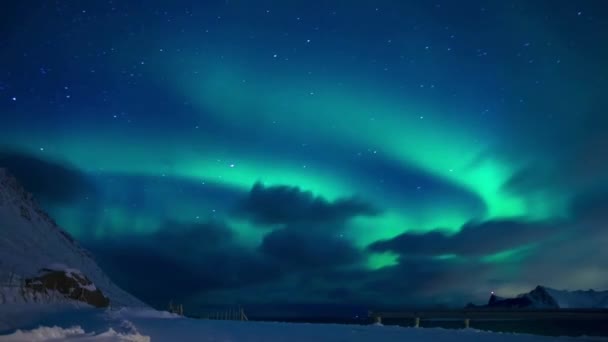 Noorderlicht Aurora Borealis Nacht Sterren Hemel Noordpool Winter Sneeuw Koud — Stockvideo