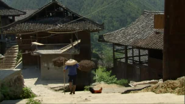 March 2017 Asian Chinese Village Farmer Man Transporting Rice Walking — Stock Video