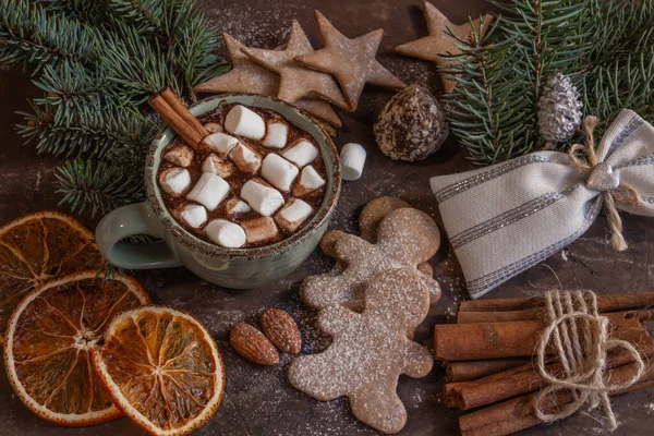 Composition atmosphérique de Noël, une tasse de cacao avec guimauves, biscuits au pain d'épice, bonbons, cannelle, espace de copie.. — Photo