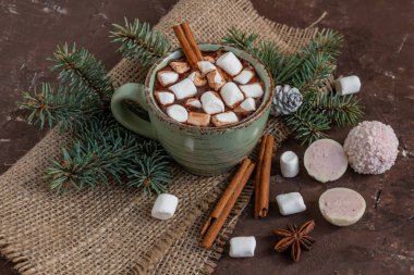 Atmosferik Noel kompozisyonu, bir fincan marşmelovlu kakao, zencefilli kurabiye, tatlılar, tarçın, fotokopi alanı..