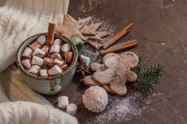 Atmosferik Noel kompozisyonu, bir fincan marşmelovlu kakao, zencefilli kurabiye, tatlılar, tarçın, fotokopi alanı..