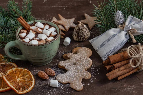 Composition atmosphérique de Noël, une tasse de cacao avec guimauves, biscuits au pain d'épice, bonbons, cannelle, espace de copie.. — Photo