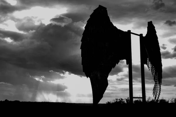 Asas de ferro contra o pano de fundo de um céu formidável, esperança e força, fotografia atmosférica — Fotografia de Stock